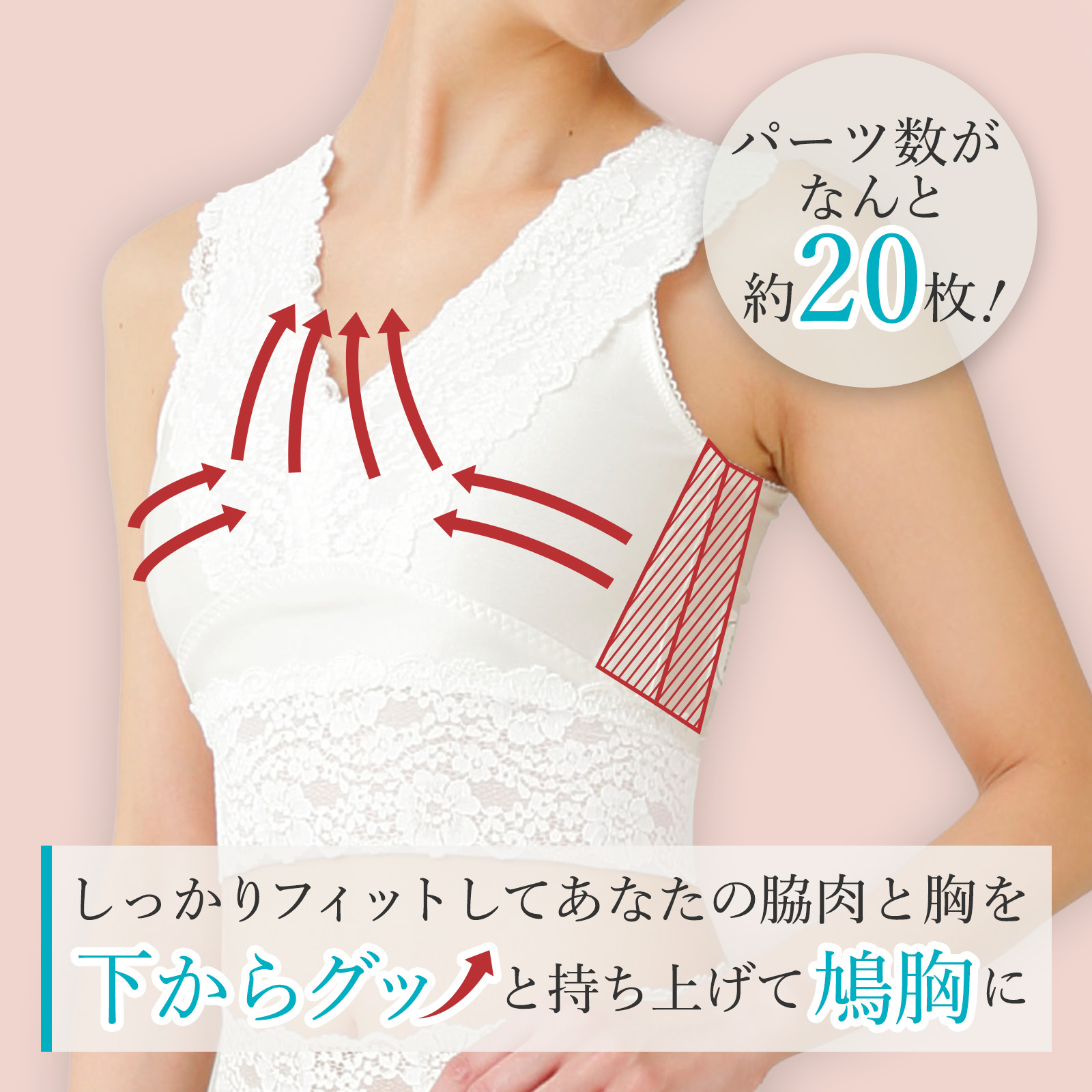 しっかりフィットしてあなたの脇肉と胸を下からグッと持ち上げて鳩胸に