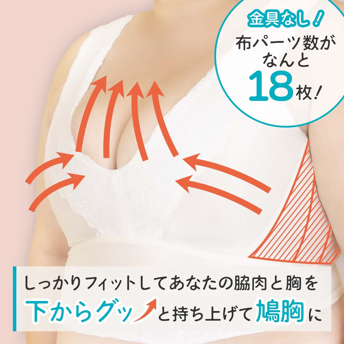 金具を使わず布の力で脇肉と胸を下から持ち上げるPut on キモノブラの仕組み