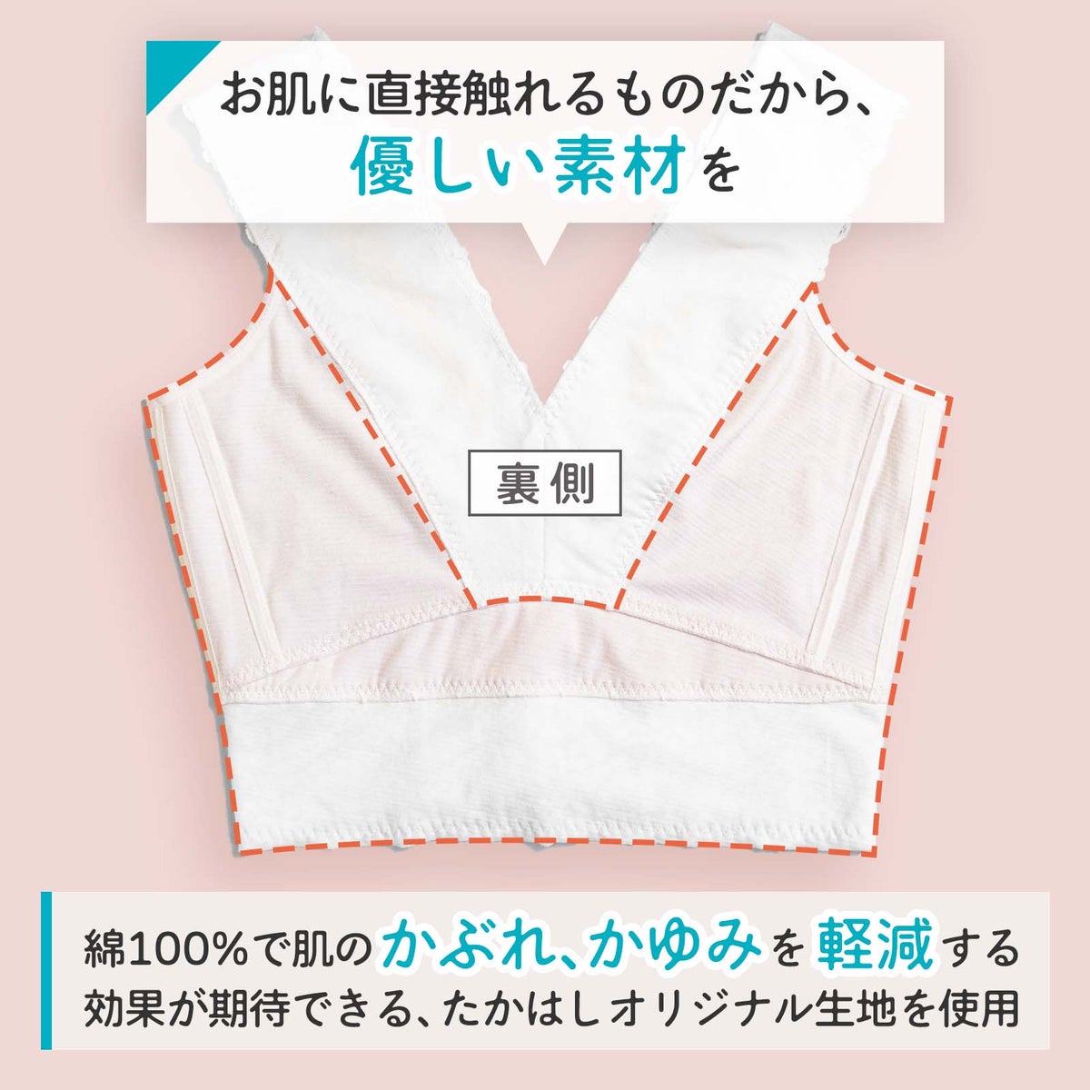 肌に触れる裏側が綿100％のPut on キモノブラの内側